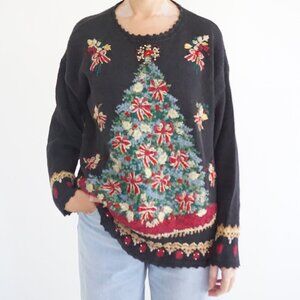Vintage Tira Black Beaded Christmas Tree Bow Garland Knit Christmas Sweater M